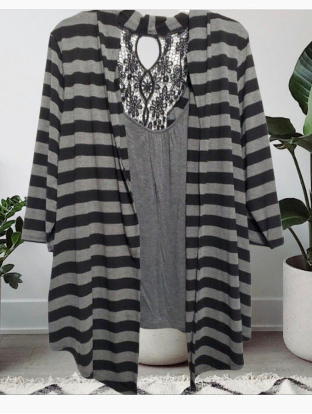 Deb Black & Gray Striped Cardigan with Lace Trim size 2XL